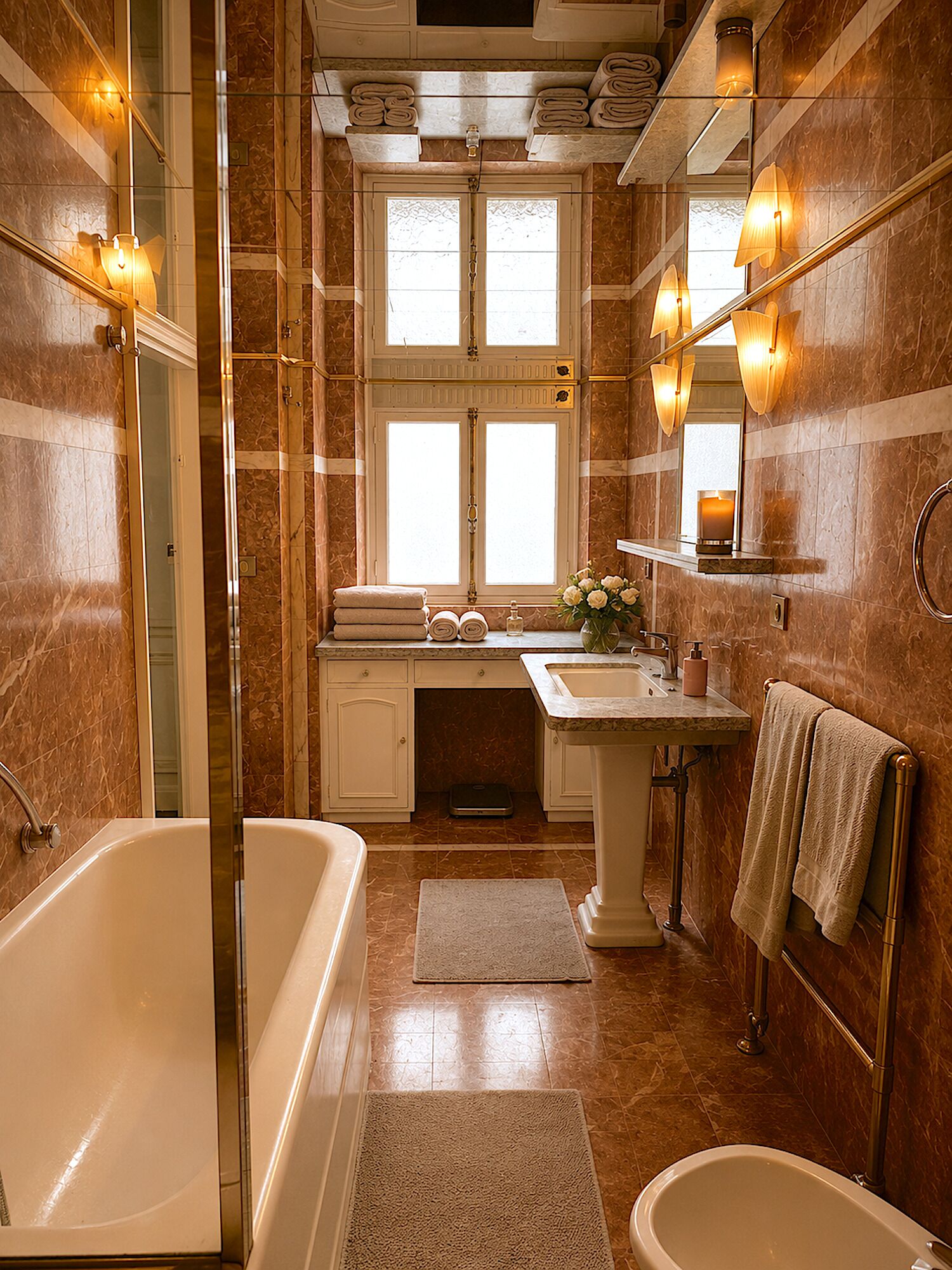 Ein Badezimmer mit einer Badewanne, einem Waschbecken, einem Spiegel und einem Fenster.