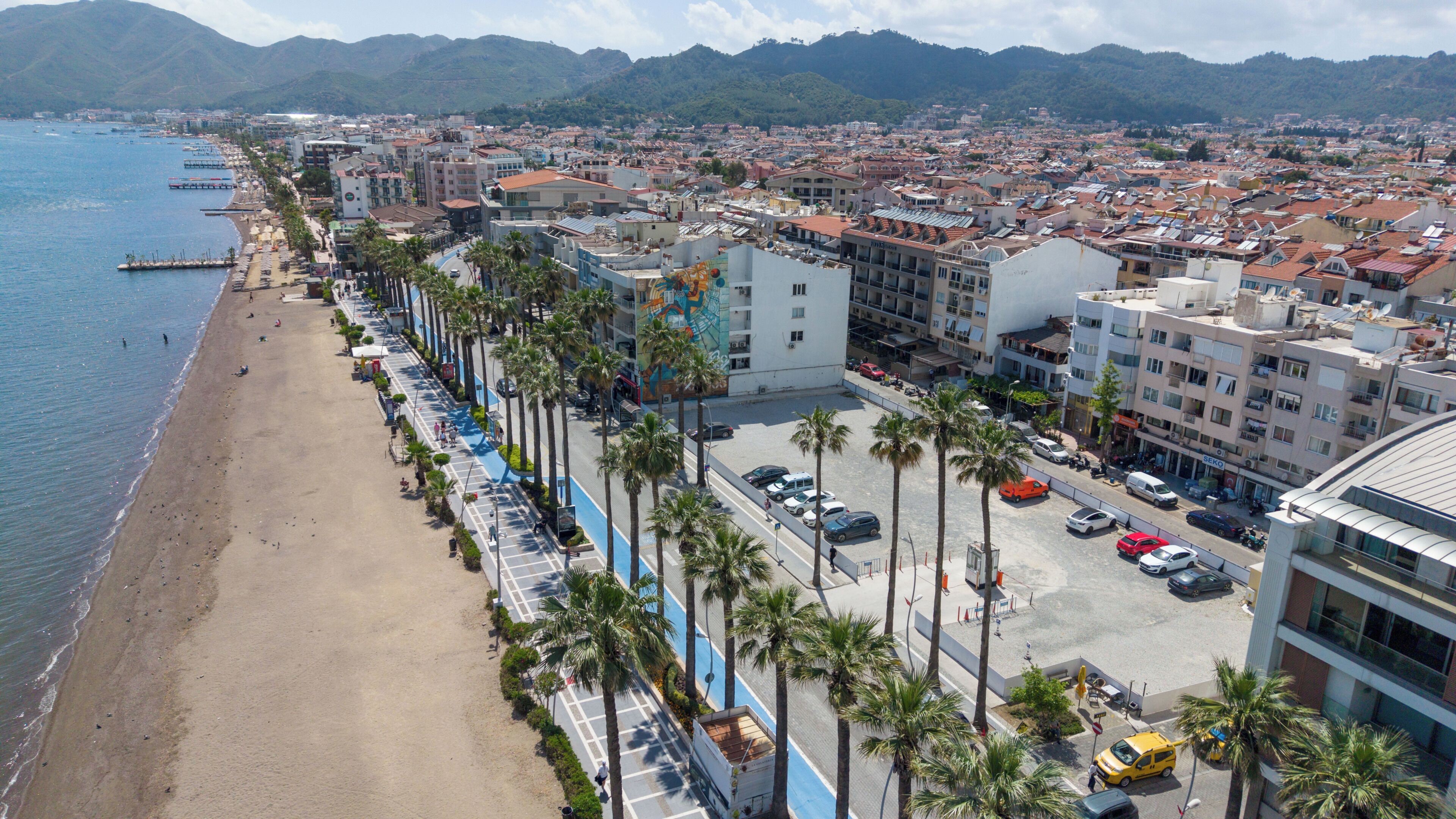 Un paysage urbain côtier avec une plage, une promenade bordée de palmiers et des immeubles à plusieurs étages.
