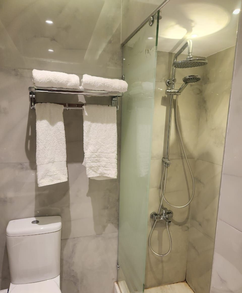 Un espace douche clos par des parois de verre, avec des toilettes et deux serviettes blanches posées sur un porte-serviettes.