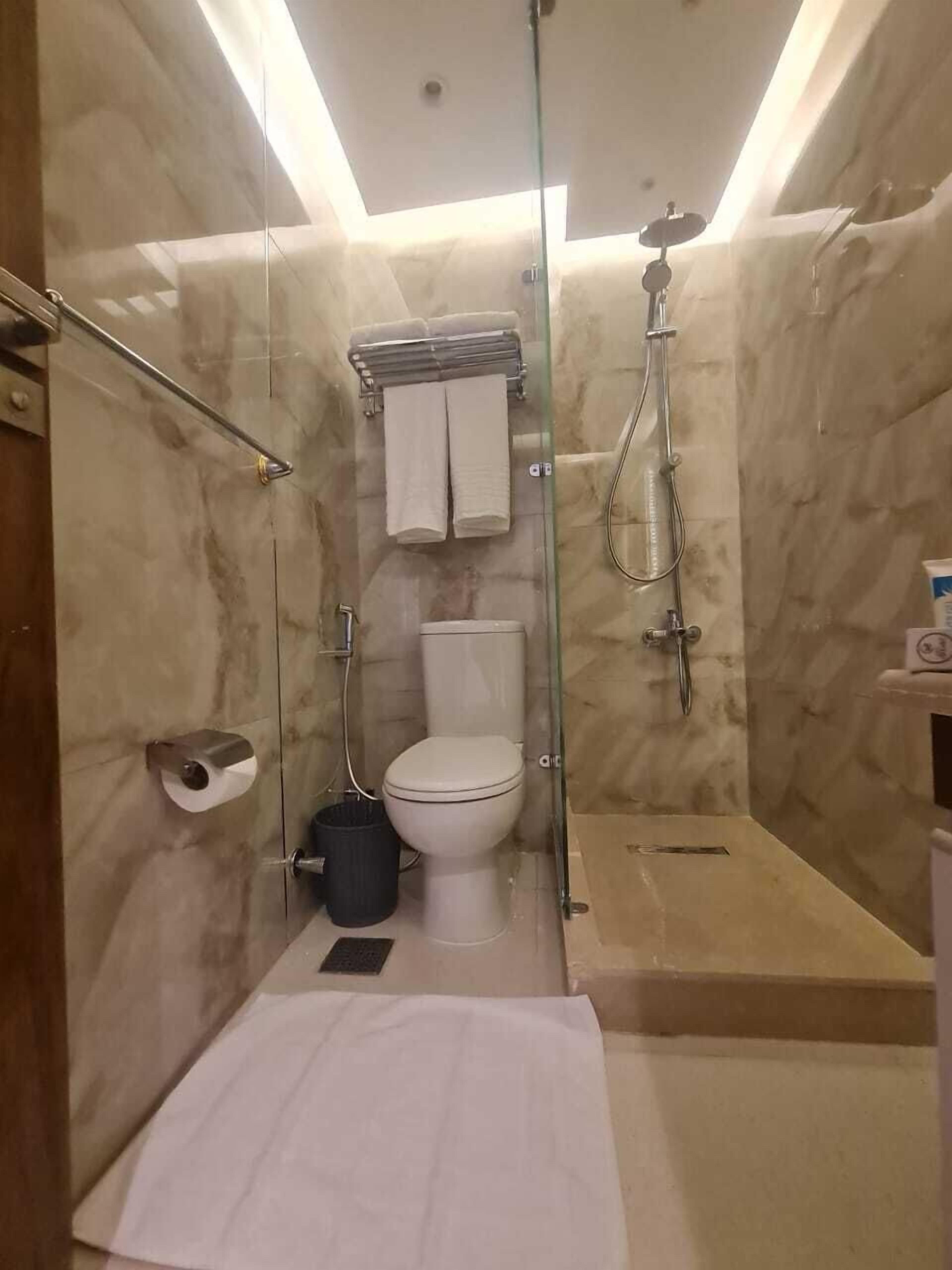 Een badkamer met een douchecabine van glas, een toilet en een handdoekrek.