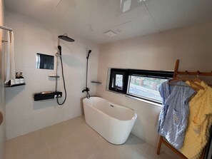 Hair dryer, towels, soap, shampoo