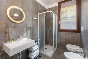 Shower, hair dryer, bidet, towels