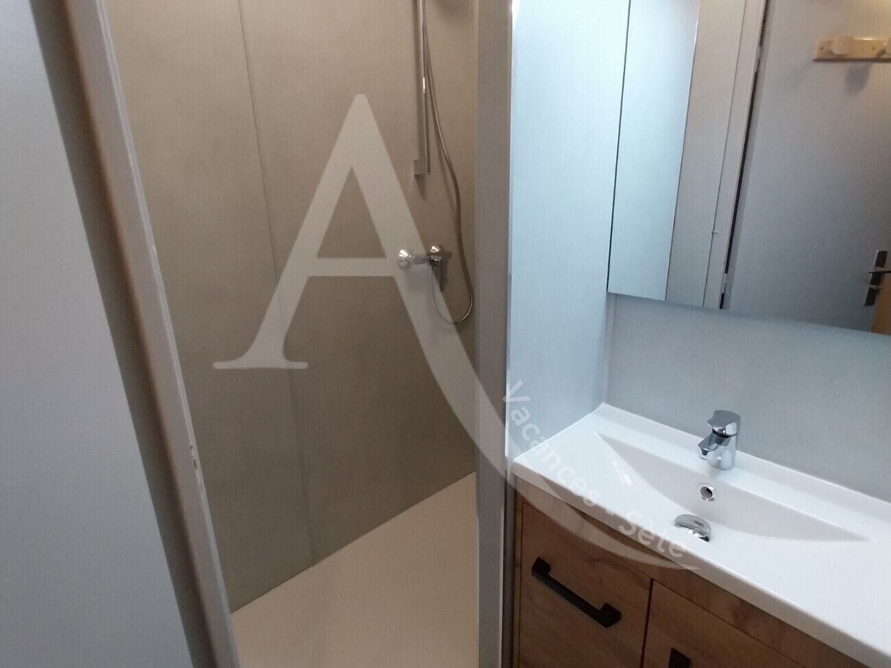 A bathroom with a shower, a sink, and a mirror.