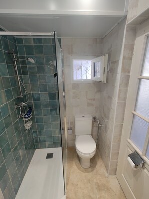 Shower, hair dryer, toilet paper