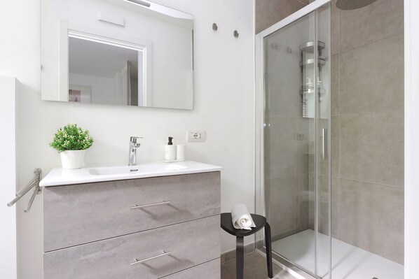 Shower, hair dryer, bidet, towels