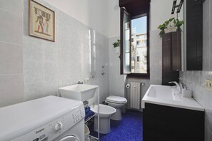 Shower, hair dryer, bidet, towels