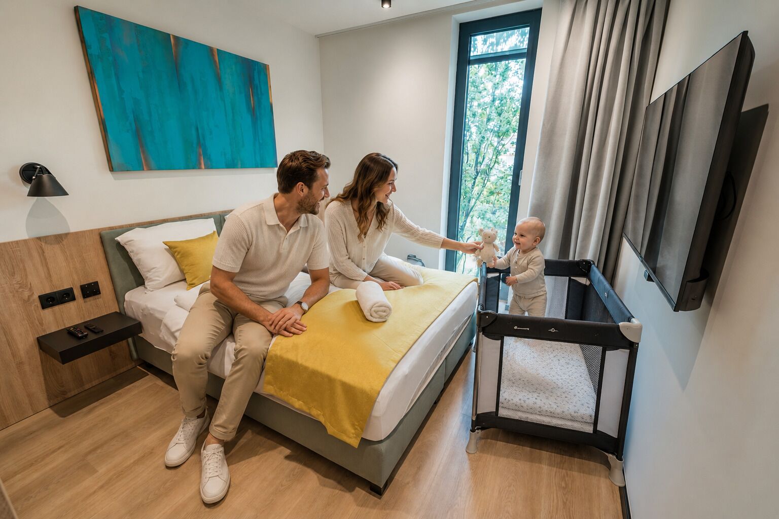 Una habitación de hotel moderna con cama, televisión, ventana con cortinas y un cuadro en la pared.
