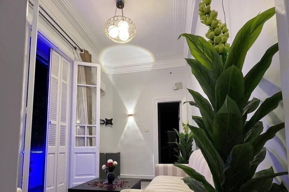 Un salon moderne avec un canapé à rayures, une plante en pot et un luminaire décoratif.
