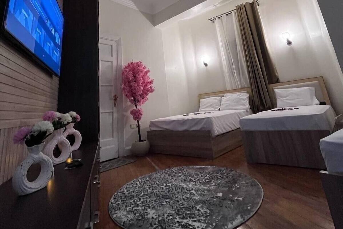 Une chambre d’hôtel moderne dotée d’un grand téléviseur à écran plat, d’un tapis rond, d’une plante en pot et de deux lits.
