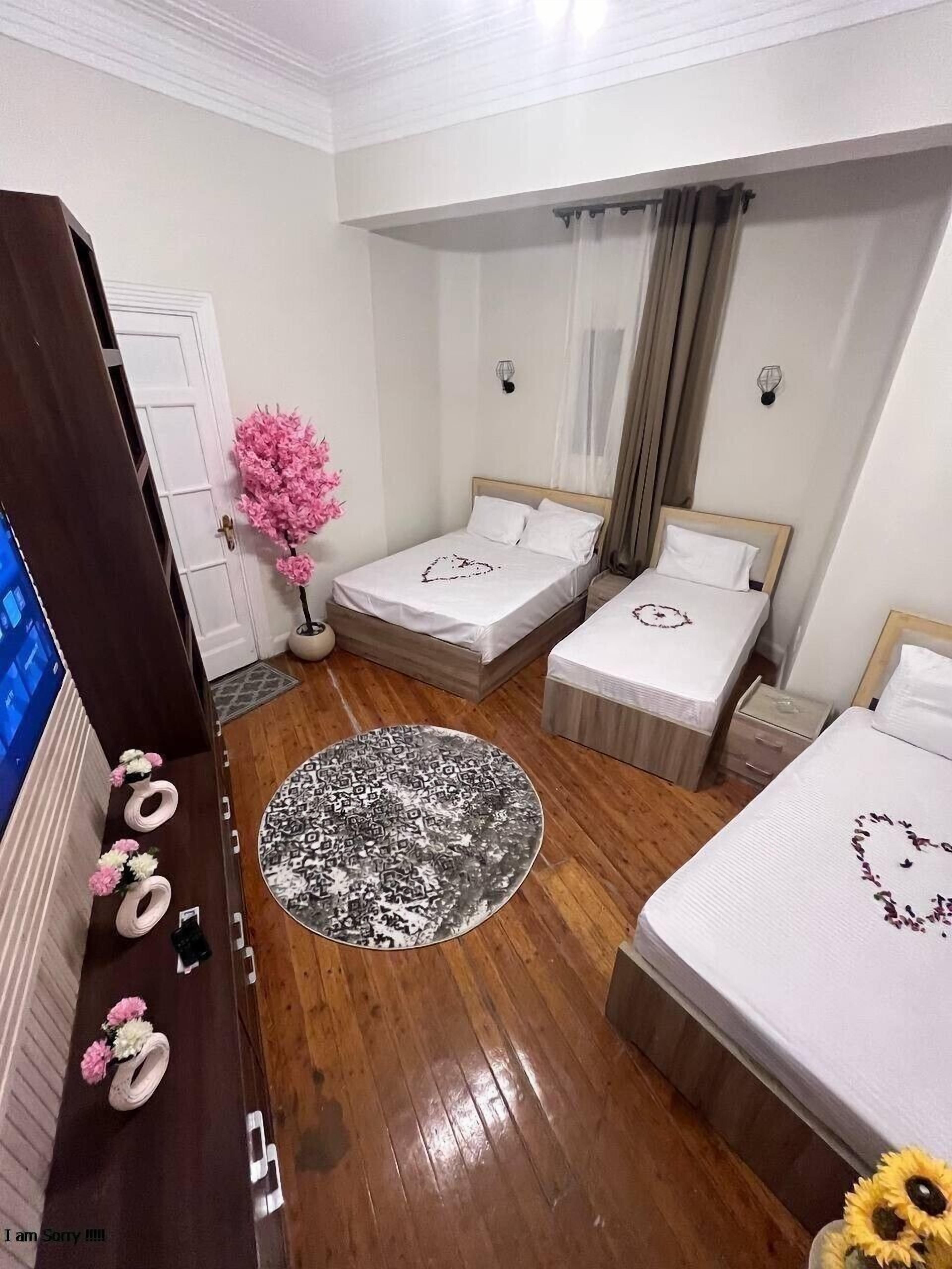 Quarto de hotel com duas camas de solteiro, piso de madeira, tapete redondo e televisão sobre um suporte de madeira.