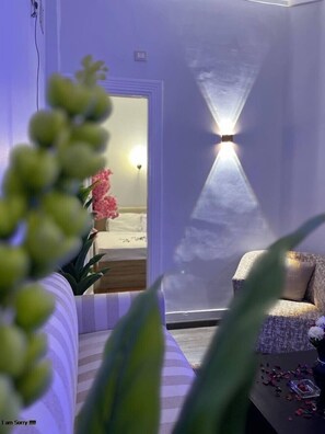 Deluxe-Apartment, Balkon, Stadtblick | Wohnbereich | Flachbildfernseher