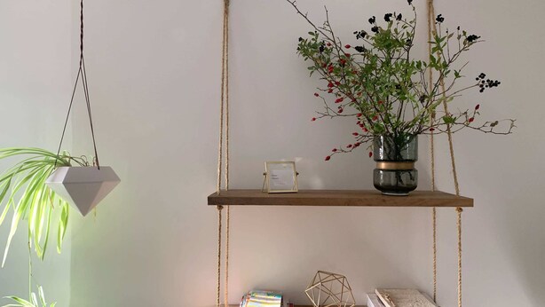 Una estantería de madera con una planta en maceta, un cuadro enmarcado y libros.