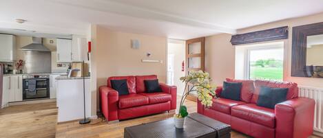 A living room with a red leather sofa, a black suitcase, and a red rug.