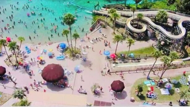 A beach area with a water slide, palm trees, and people enjoying the beach.