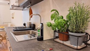 A kitchen with a stainless steel sink, a coffee machine, and a potted basil plant.