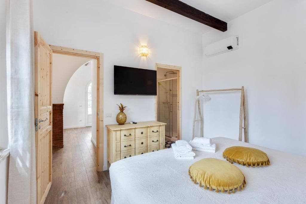 Un dormitorio con cama, cómoda, televisor y ducha.