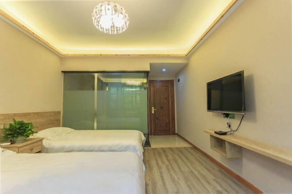 Une chambre d’hôtel avec deux lits, un téléviseur, un luminaire au plafond et une porte coulissante.