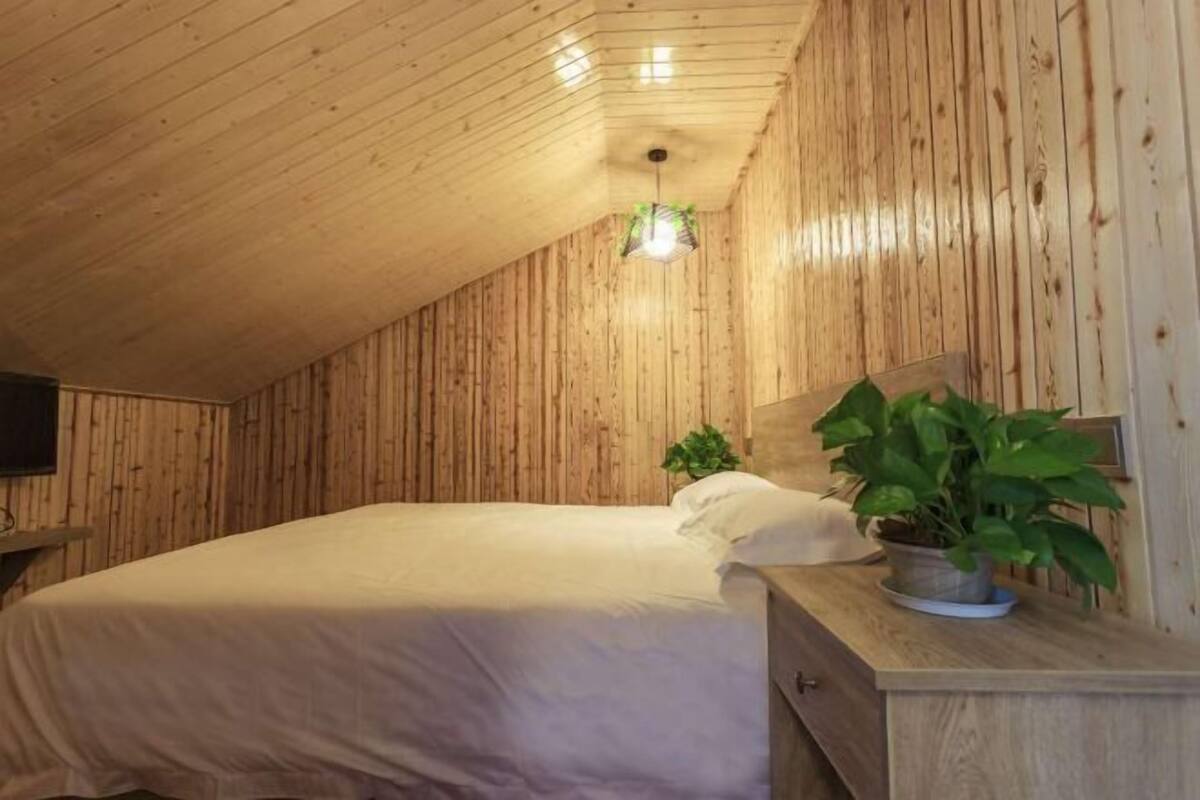 Une pièce aux murs lambrés, comprenant un lit, une table de chevet, une plante en pot et un luminaire suspendu.