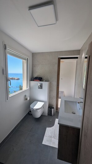 Douche, séchoir à cheveux, serviettes fournies, papier de toilette