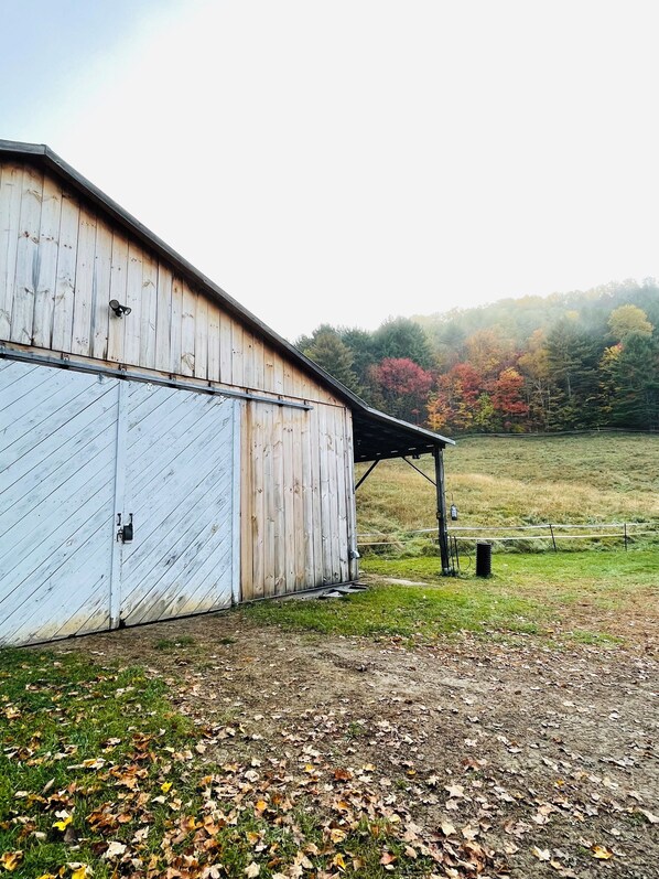 A large, rustic barn with a metal roof and a covered area, surrounded by a grassy field with autumn leaves.