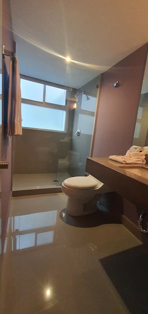 Chambre Double Supérieure | Salle de bain | Douche, serviettes fournies, savon, shampoing