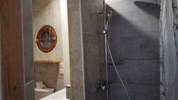 Hair dryer, towels, soap, toilet paper