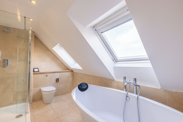Une salle de bain moderne dotée d’une lucarne, d’une douche à parois de verre, d’une baignoire et de toilettes.