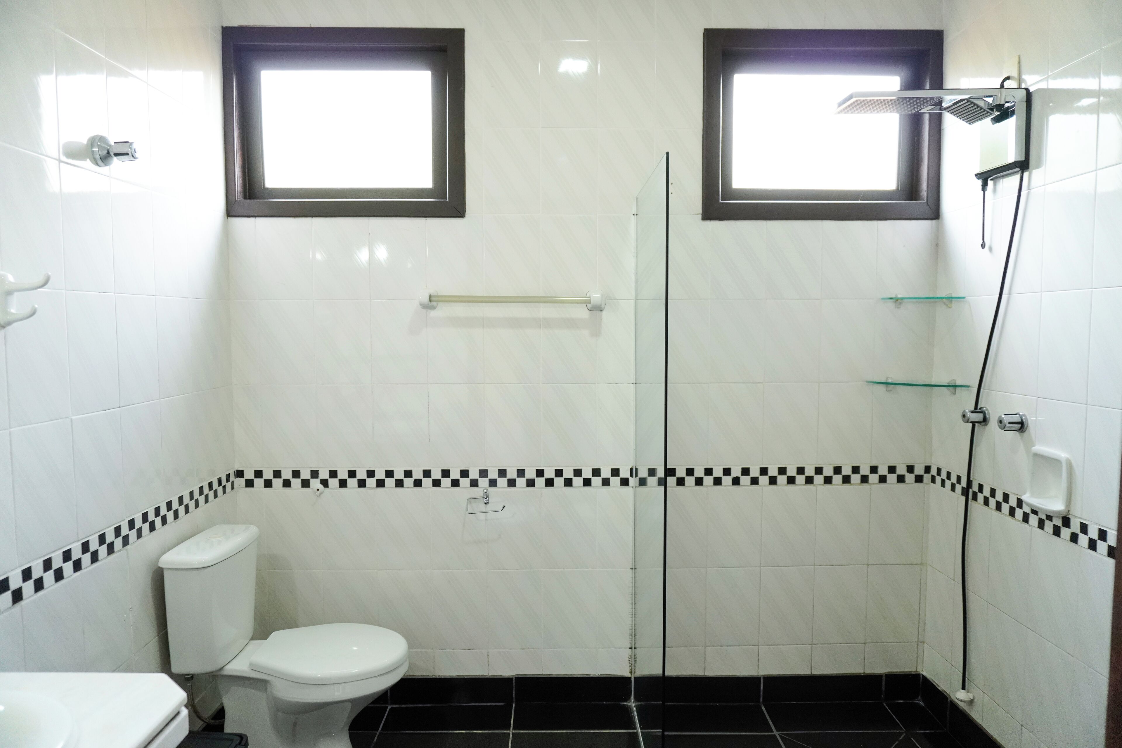 A bathroom with a toilet, a shower, and two windows.