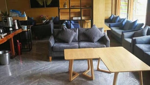 Een moderne woonkamer met een grijze bank, een houten salontafel en een boekenkast.