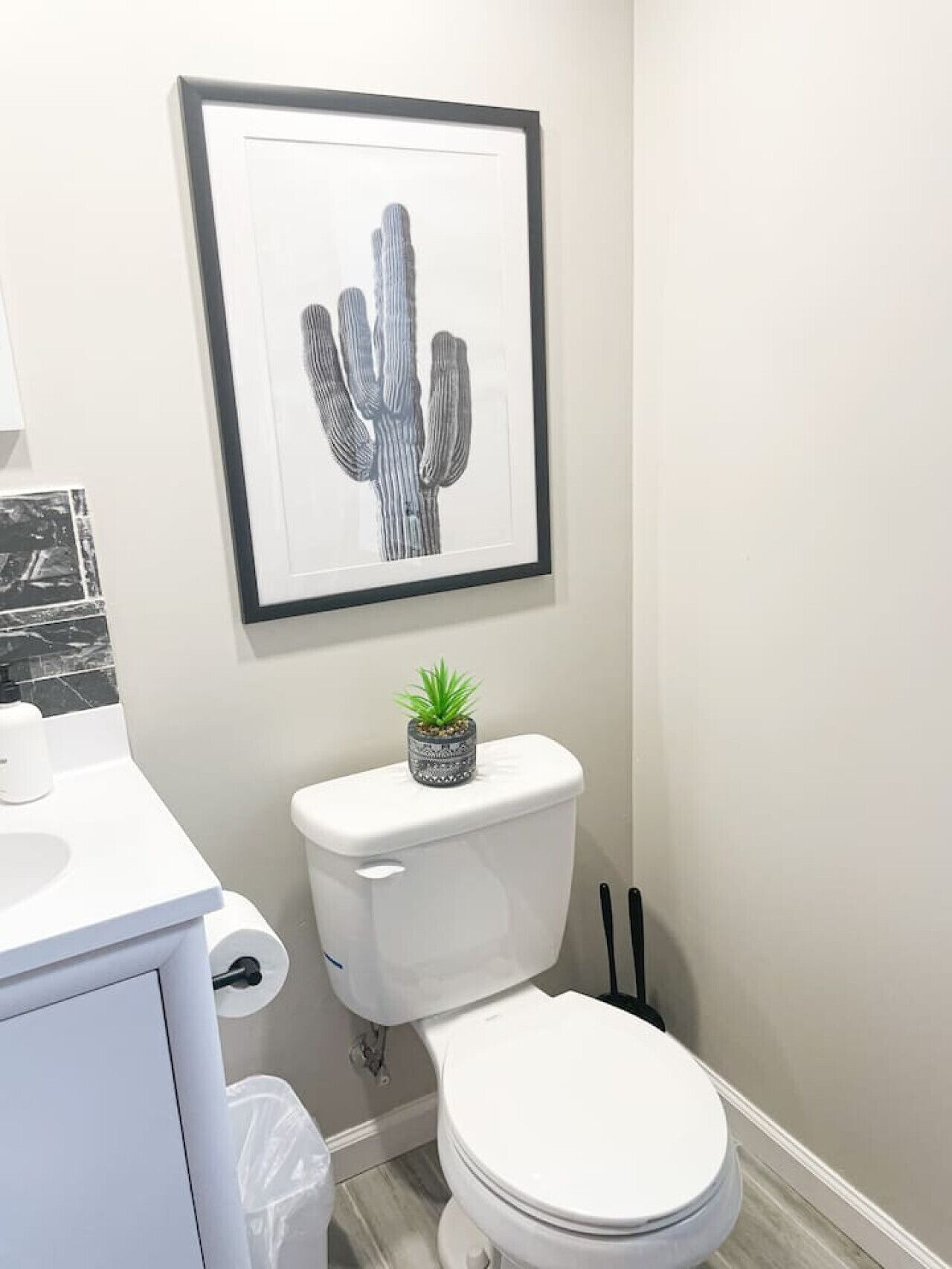 Une salle de bain avec des toilettes blanches, une œuvre d’art représentant un cactus encadrée au mur, une petite plante en pot posée sur le réservoir des toilettes et un lavabo blanc avec un pare-éclaboussures en marbre.
