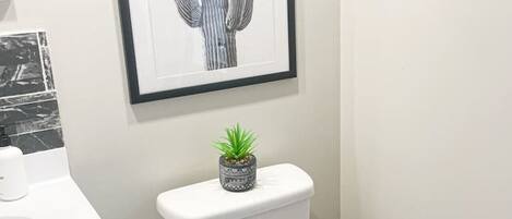 Une salle de bain avec des toilettes blanches, une œuvre d’art représentant un cactus encadrée au mur, une petite plante en pot posée sur le réservoir des toilettes et un lavabo blanc avec un pare-éclaboussures en marbre.