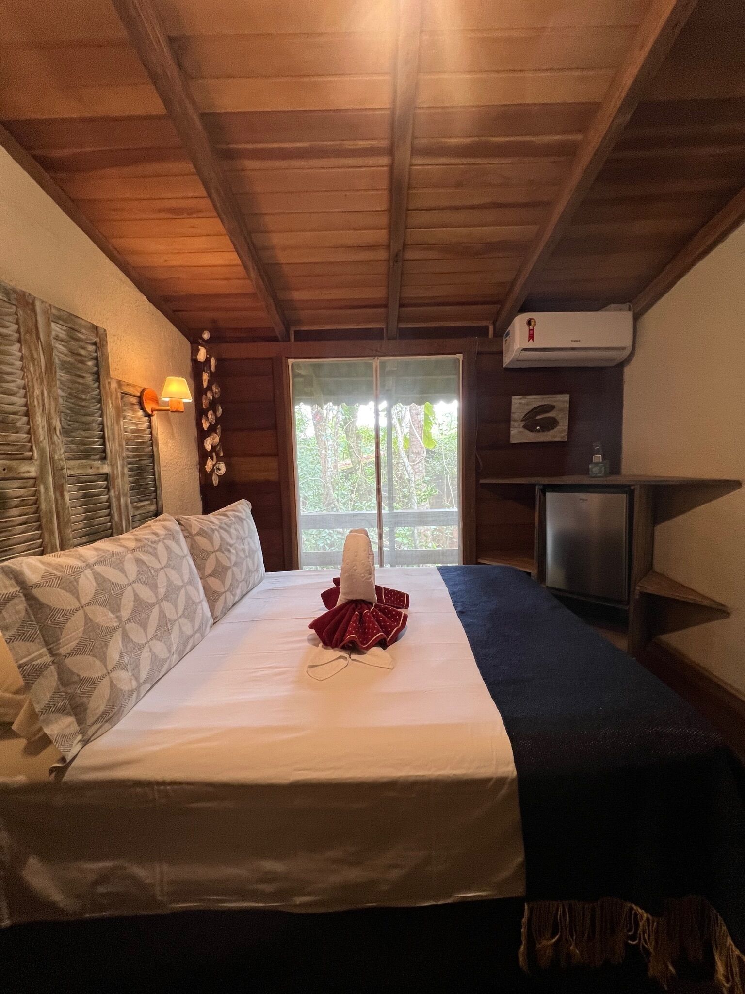A room with a bed, a television, and a window.