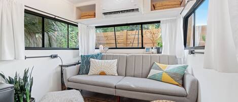 TV connectée, cheminée, livres