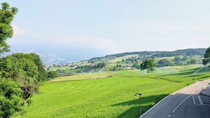 A rural landscape with a road, green fields, and distant houses. - Vidora Apartments - Dolomites Escape (Fie allo Sciliar)