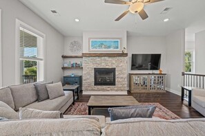 TV, fireplace, books