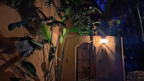 Fachada de edificio con reja de hierro forjado, una luz fijada a la pared y exuberante vegetación tropical.