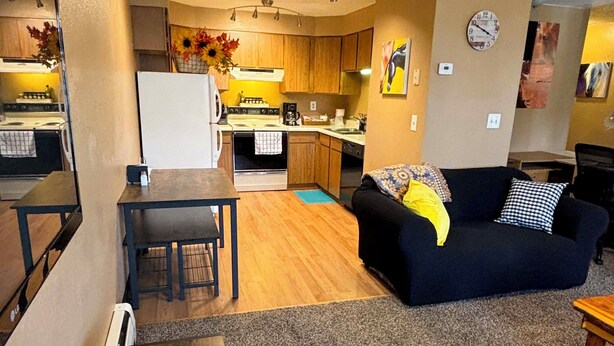 A compact living space with a kitchenette, a dining area, and a sofa.