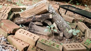 Een houten trap met een metalen leuning die uitkomt op een houten terras.