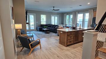 Smart TV, fireplace, books