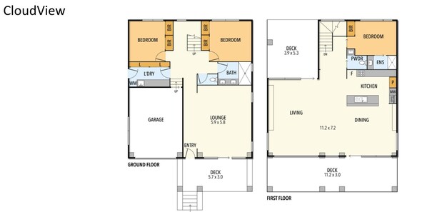 Un plan de maison à deux étages comprenant un garage au rez-de-chaussée, deux chambres, un salon, un coin repas, une cuisine, une salle de bain et un espace de détente.