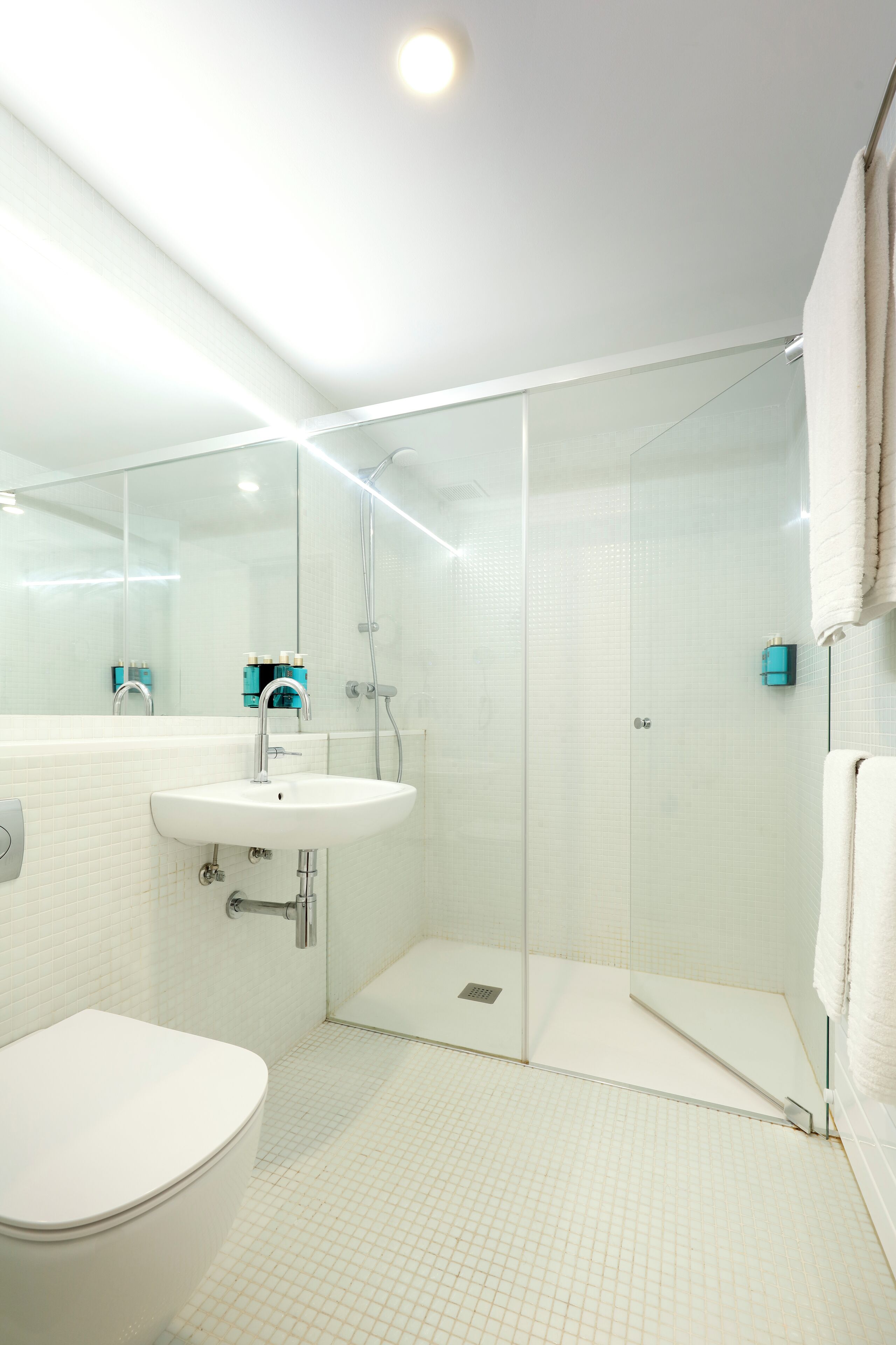 Un baño moderno con ducha de vidrio, un lavabo blanco y un inodoro.