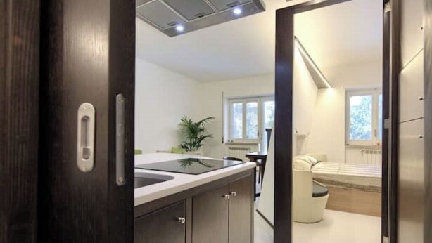 A modern kitchen with a built-in stove, a sink, and cabinets. There is a window with a view of a bed and a plant in the background. - The House Suite Sorrento in Corso Italia  (Sorrento)