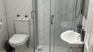 Un bagno con il water, una doccia vetrata e un lavandino.