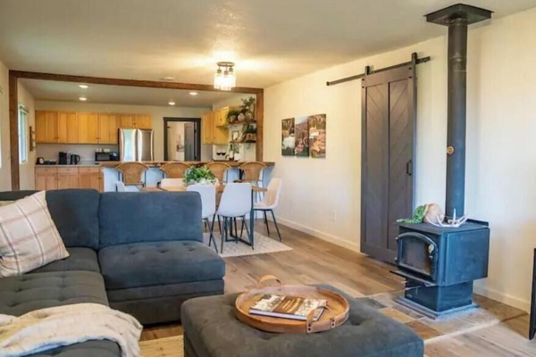 Open living, dining and kitchen area.