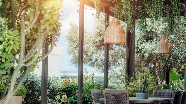 Un espace extérieur aménagé avec des chaises en osier et des lampes suspendues, entouré d’une végétation luxuriante et de plantes en pot.
