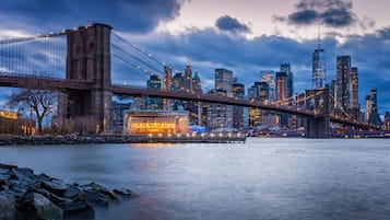 A city skyline with a prominent bridge and skyscrapers.