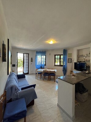 A spacious living area with a sofa, a dining table, and a kitchen area with a TV.