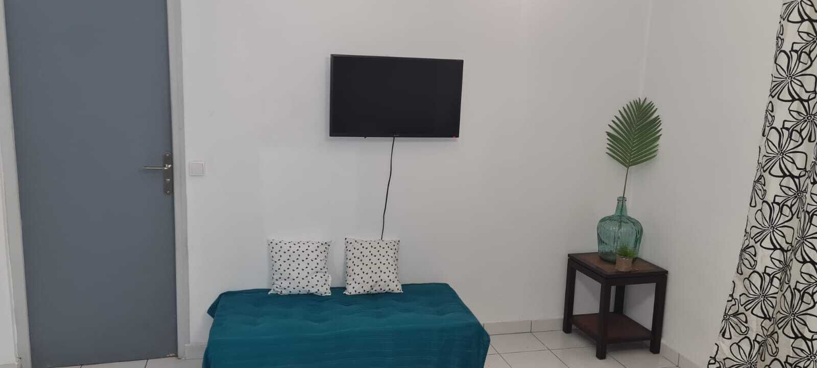 Ein Zimmer mit einem Bett, einem an der Wand befestigten Fernseher, einem kleinen Tisch mit einer Pflanze und einem gemusterten Vorhang.