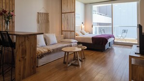 A modern room with a wooden floor, a sofa, a bed, a small table, and a TV. - BT Homes - Palermo Fitz Roy (Buenos Aires)
