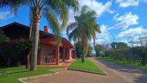 A brick house with a porch, surrounded by palm trees and a well-maintained lawn. - Haras Di Cellius (Bage)